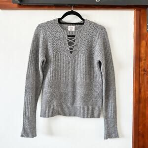 Hippie Rose Women’s Small Gray Marled Lace-Up Pointelle Knit Sweater